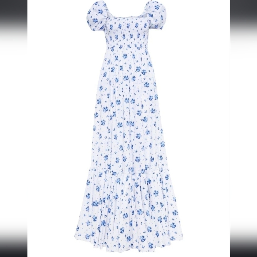 Caroline Constas Gianna Smocked Puff Sleeve Maxi Dress Blue Spot Floral Size XL - Picture 6 of 14